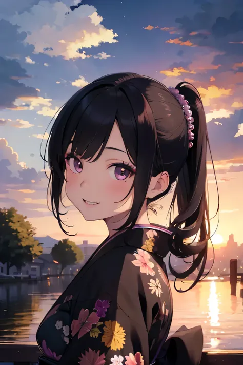 Highest quality, masterpiece, High resolution, Very detailed, Fine skin, Complex eyes, Accurate and perfect anatomy,21-year-old beauty, Dark Eyes, Black Hair, Kimono with plum pattern,  Rainbow in the sky, evening, Sunset,Cumulonimbus, Smiling, Facing forw...