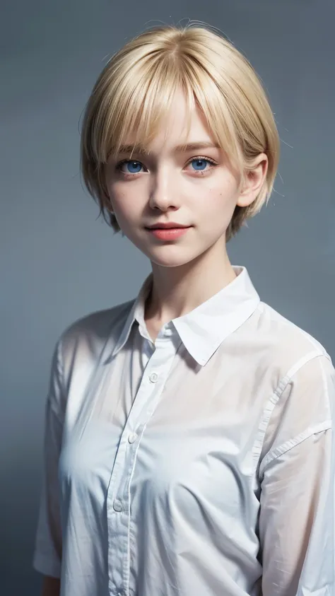 Swedish girl ,((short blonde hair)), Bobcut, Van, ((blue eyes)), 13 years old,((Plain background, Slope)),(((Upper Body))),Looking into the camera, Point to the camera,young, ((white collared shirt)), Pale skin, Ultra-high resolution, Ultra-high resolution...