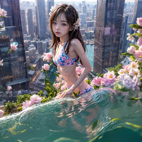 280th floor infinity pool，The tallest building in the urban forest, {Around bonsai|Luo Han Song|coconut palms|tulips|Rose flower}, ExtermlyDetaild(ProfessionlPhoto of Girl floating in the sky:1.37)(Masterpiece 8K TopQuality:1.2), (ExtremelyDetailed KAWAII ...