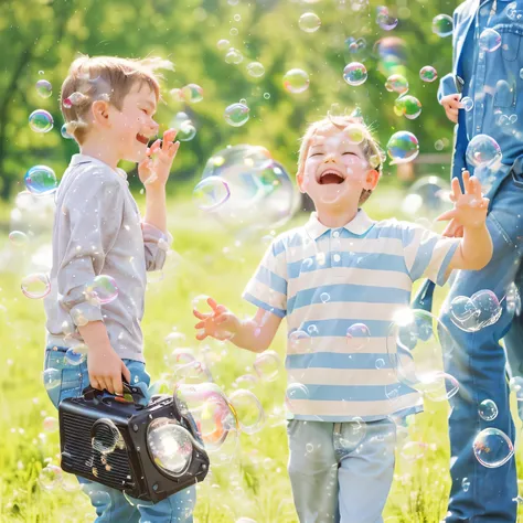 there are two children playing with bubble in a field, Warm and convivial atmosphere, bubble in the air, soap bubble, bubble everywhere, Have a great time, lots of bubble, Have a great time, bubble, bubble of the impossible, Nostalgic and euphoric, friendl...