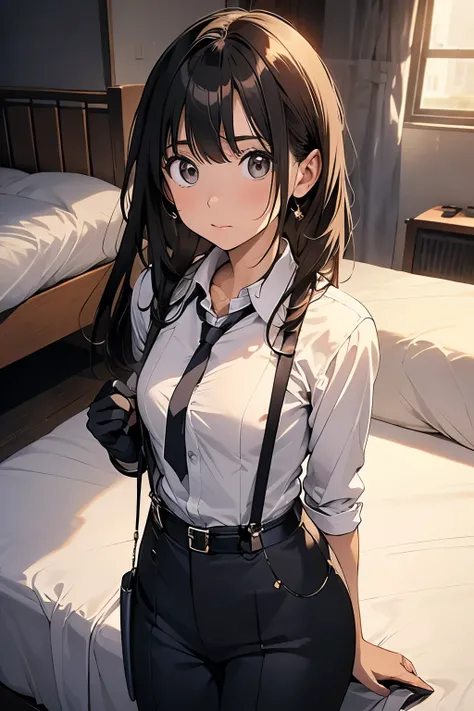   1 female, , high quality, masterpiece, Ultra-high resolution, , Cinema Lighting, , ,  And the suspenders with the cranes flying　　　Moderate breasts　 　 　　　　Small face　 　　　holster　　　　　　　 Lying in bed　Looking up　　　　Sweat 　　　belt　summer　脇Sweat 　Black Hole Glo...