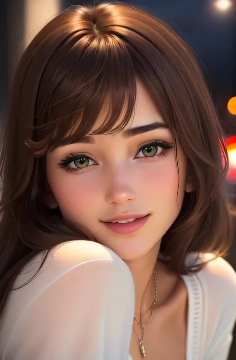 ((Night, Realistic Light, Best Quality, 8K, Masterpiece: 1.3)), 1girl, Slim Beauty: 1.4, (Brown hair, Medium breasts: 1.3), Long pink sweater: 1.1, Bathroom, Super fine face, Delicate eyes, Double eyelids, smile, necklace