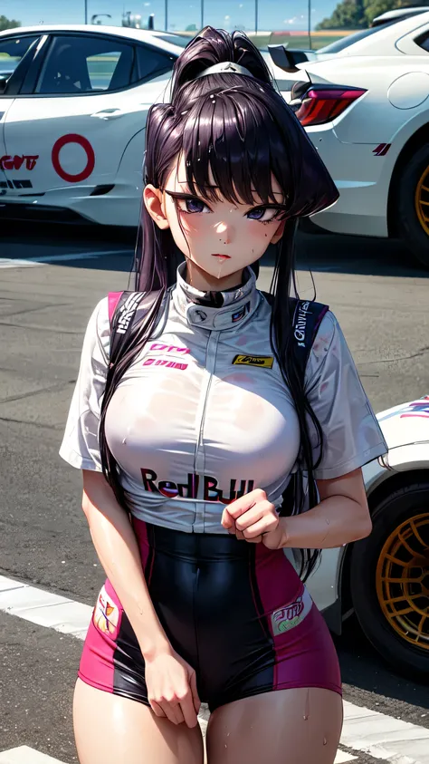 ((perfect hands)), ((perfect anatomy)), (((komi_shouko))), purple hair, ponytail, purple eyes, large breast, wet body, race queen, red bull nomex, street race circuit, sit on a race sport car, enamel, glint