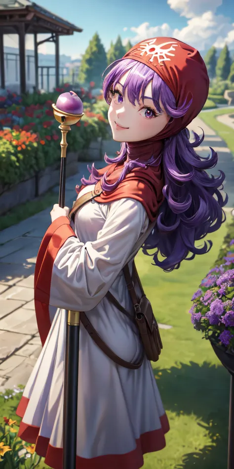 masterpiece, best quality, 4k, 8k, dqPom, red hood, purple hair, robe, upper body, standing, holding staff, sky, garden, looking at viewer, from above, smile