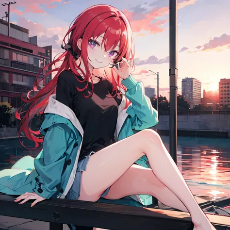 beautiful sunset Satanichia Mcdowell dressed beautifully in a casual black shirt and a light turquoise coat with sunglasses placed on her forehead sitting on a bridge with a smile and warm semi-long red hair magenta eyes Wide angle 1.5