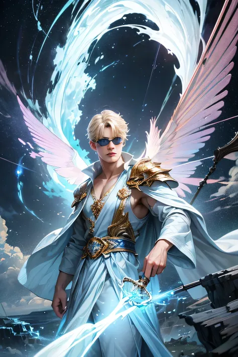 "Create an ultra-realistic image of a strikingly handsome young male fairy with magnificent large wings that evoke the vastness of the sky and the intensity of thunder. He should be holding a magical staff that crackles with the power of the sky and thunde...