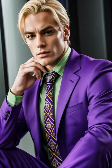 1 blonde man, purple suit with green shirt and a purple neck tie, Kira Yoshikage, Sitting menacingly, 8k, Ultra sharp, looking at viewer