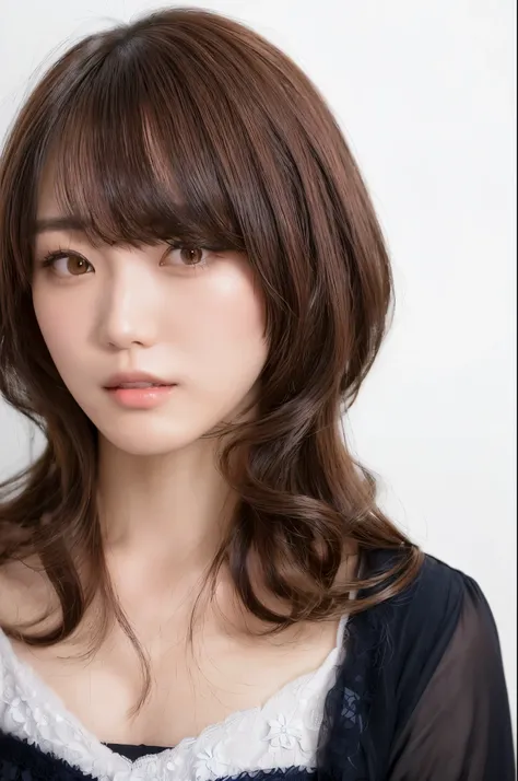 There is a woman there with very long hair and a beautiful dress., Beautiful Japanese girl face, Ayaka, Akemi Takada, kasumi arimura style 3/4, Yoshitomo Nara, For whom?, ayami kojima amano, Another close-up of Iwakura, bangs and wavy hair, Brown hair and ...