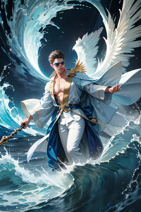 "Create an ultra-realistic image of a strikingly handsome men 33 years old male fairy with magnificent large wings that evoke the vastness of the water and the intensity of deep ocean. He should be holding a magical staff that crackles with the power of th...