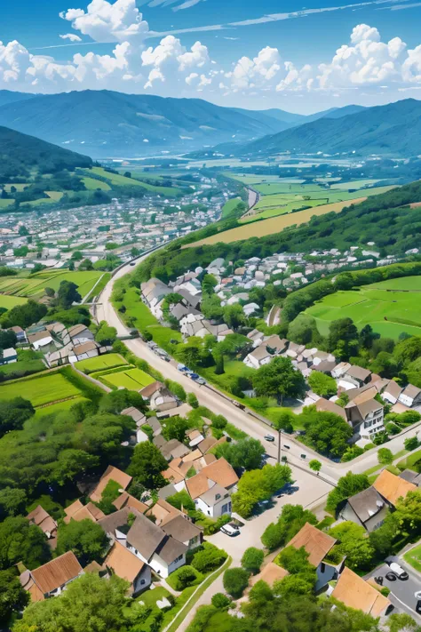 Aerial Panorama of Ardenwood: A Charming Village Nestled Amongst Forests and Fields (max resolution: 1.3), (Ultra HDTV: 1.2), Cinematic Lighting, Stunning Detail, High Definition, Quintessential Stone Houses with Thatch Roofs (1.2), Cobblestone Pathways, V...