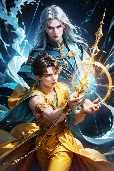 "Create an ultra-realistic image of a handsome, young male fairy, around 13 years old. He should be holding a magical staff that emanates the energy of the sky and crackling thunder. Dress him in an elegant, varied yellow outfit that reflects the brillianc...