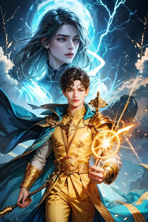 "Create an ultra-realistic image of a handsome, young male fairy, around 13 years old. He should be holding a magical staff that emanates the energy of the sky and crackling thunder. Dress him in an elegant, varied yellow outfit that reflects the brillianc...