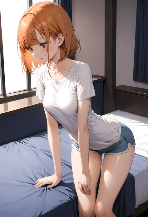 ((masterpiece,Highest quality:1.3,best quality illustration)),cowboy shot,1woman,16-year-old Japan beauty,((very small head:1.4)),short bob hair,bangs,(orange hair),brown eyes,gorgeous eyes,shy,medium breasts,((very long body)),(White loungewear T-shirt、Li...