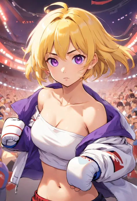 an athletic girl, flat chest, yellow hair, short messy hair, purple eyes, wearing a white MMA outfit and an off-shoulder jacket, shoulders exposed, punk, tough and aggressive, boxing wraps around hands