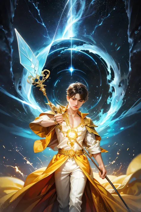 "Create an ultra-realistic image of a handsome, young male fairy, around 13 years old. He should be holding a magical staff that emanates the energy of the sky and crackling thunder. Dress him in an elegant, varied yellow outfit that reflects the brillianc...