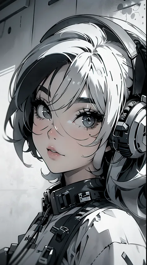 high quality, one girl, close-up, black and white, monochrome, headphones