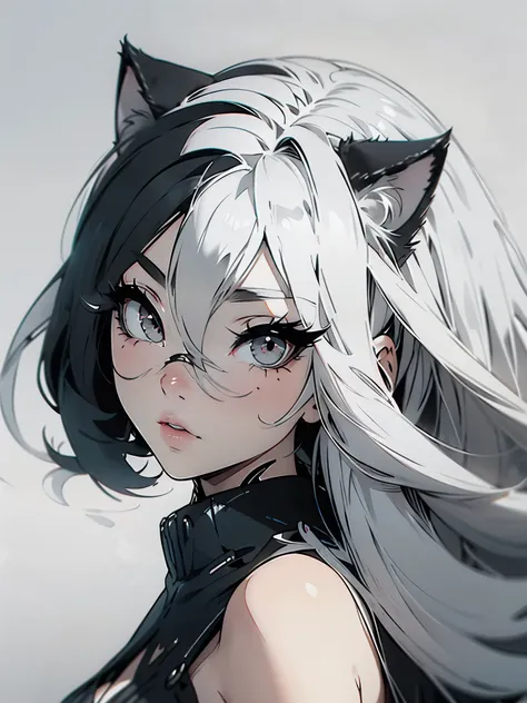 high quality, one girl, close-up, black and white, monochrome, cat ears, white eyes, white hair