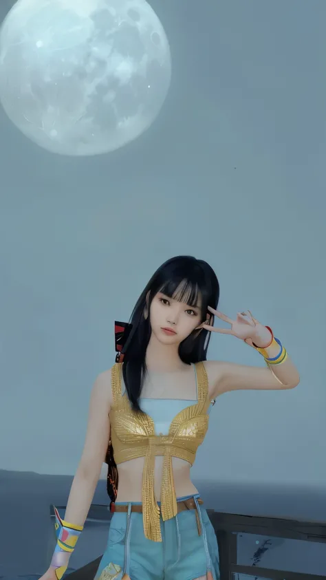 Asian girl with long hair and bangs with stars in her eyes, while she is standing in front of the moon and holding a star