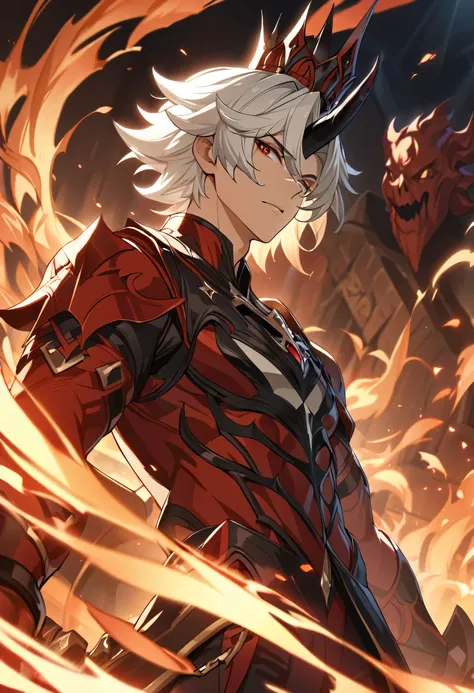 ((solo)), devil race, wear a crown, red eyes,red skin, white hair, short hair,devil horn, horn, crown, throne king, a close up of a person with a bravesword,  in a field of fire, evil spirit aura, curse sword, fire sword, big swordman, devil king, detailed...