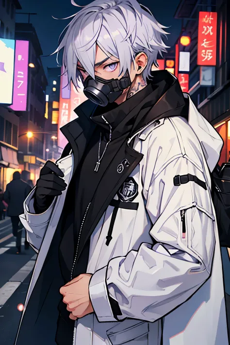 a boy, 1.80, silver hair, gas mask, lilac eyes, wearing a black overcoat with white street clothes underneath, black tatoo on the neck