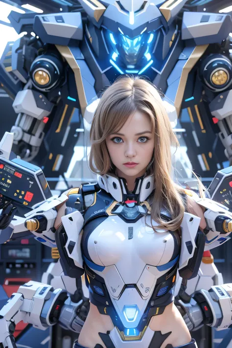 Wide-angle shot, 1 female, Mecha, Sparkling Blue Eyes, Very cute face, (Realistic:1.37), バイオMechaニカル, Complex robot, Spaceship interior bokeh background, Ultra-realistic, Very detailed, Very intricate detail, Beautiful woman in sharp focus, The machine is ...