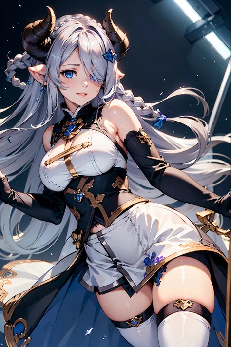 (((1 female))), ((Detailed blue eyes)), ((Silver long hair)), Large Breasts, perfectly drawn body, Narmaya, Charming smile, mini skirt, best quality, masterpiece, Extremely detailed