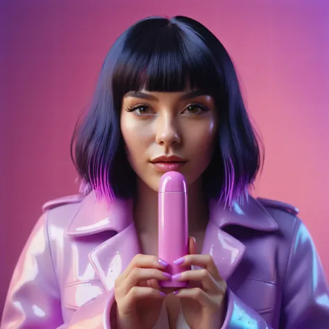 smartphone in her hand, blackhair female hands holding dildo to her face, that is glowing with pink and purple colours, dripping wet, closeup macro photo, minimalistic, in a light purple and pink style, with soft edges and blurred details, in the toycore s...