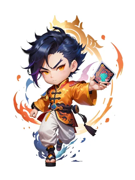 A cartoon boy character in Chinese style clothing holding a card, Character ink art, Official ink art, iconic Character ink art, Hero 2D Fanart Art, Fantasy hearthstone art style, Clash Royale style characters, 《Genshin Impact》zhongli, g liulian art style,...