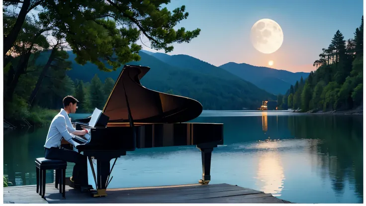 A handsome man playing the piano, Moonlight, a lake