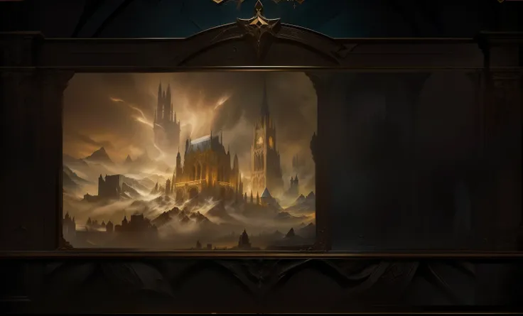 there is a large picture frame with a picture on it, cathedral background, ornate borders + concept art, grimoire page, alchemist library background, loadscreen, dungeon background, loadscreen”, splash screen art, loading screen, stunning arcanum backdrop,...