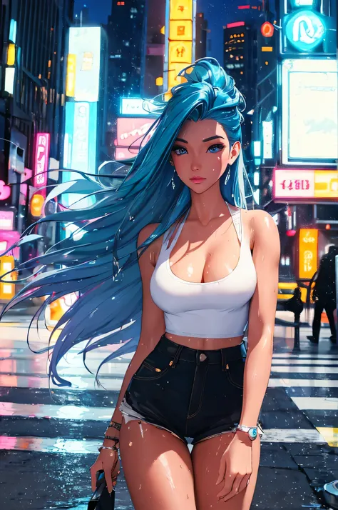 (best quality: 1.2), clean face, (masterpiece: 1.2, 8k)(PureErosFace_V1: 0.7), perfect anatomy, 1girl,a beautiful fashion model ,(masterpiece, official art, best quality) (wet skin, shiny skin) ,long and shiny hair, blue hair with streaks in hair, long hai...