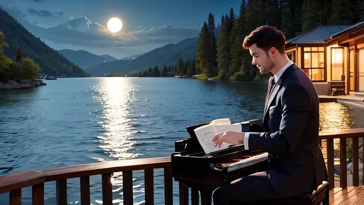 A handsome man playing the piano, Moonlight, a lake