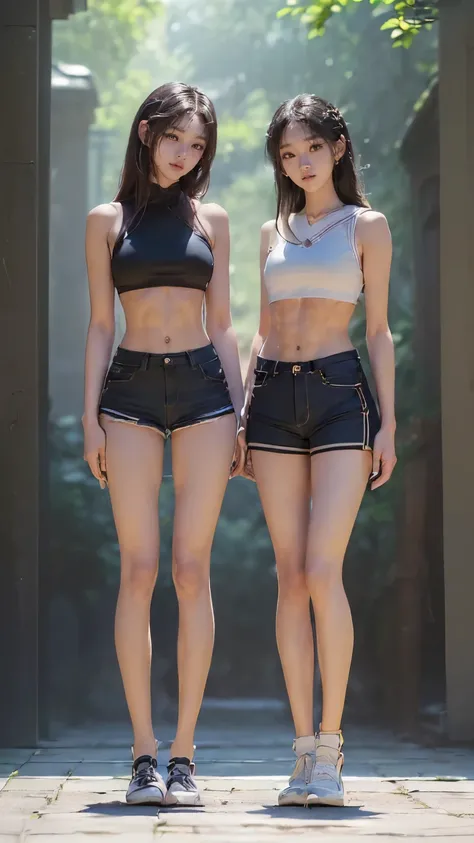 (8K、Raw photo、最high quality、masterpiece:1.5),(((((((Both of them stand with their legs apart:1.9))))))),(((((Both of them have an inseam that is more than half their height.:1.8))))),((Both have bare legs:1.6)),((Both of them are super slim:1.4))，(((((Two ...