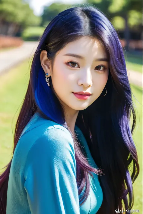 araffe woman in a blue dress posing for a picture, jaeyeon nam, jinyoung shin, portrait of jossi of blackpink, taejune kim, heonhwa choe, roseanne park of blackpink, sun yunjoo, cynthwave, sakimichan, aurora colored hair, popular south korean makeup, portr...