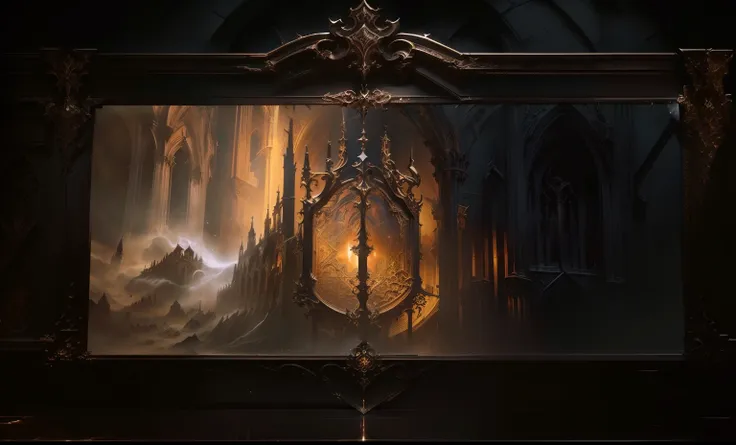 there is a large picture frame with a picture on it, cathedral background, ornate borders + concept art, grimoire page, alchemis...