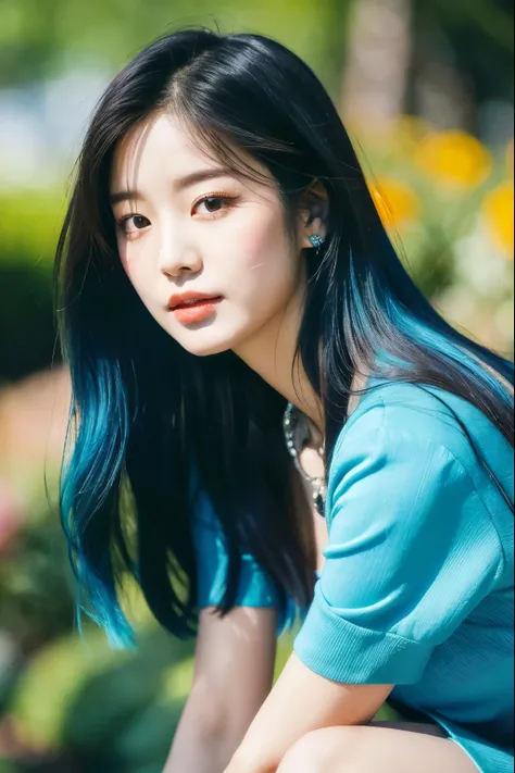 araffe woman in a blue dress posing for a picture, jaeyeon nam, jinyoung shin, portrait of jossi of blackpink, taejune kim, heonhwa choe, roseanne park of blackpink, sun yunjoo, cynthwave, sakimichan, aurora colored hair, popular south korean makeup, portr...