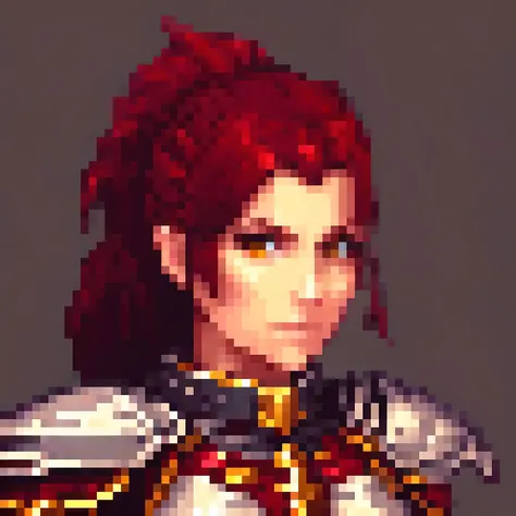 detailed portrait of a strong white woman, dark red hair, (upper body portrait), detailed face features, large arm muscles, knightly powers, holy red armor, fighter deamination look, battle-hardened warrior, intricate pixel art style, highly detailed, mast...