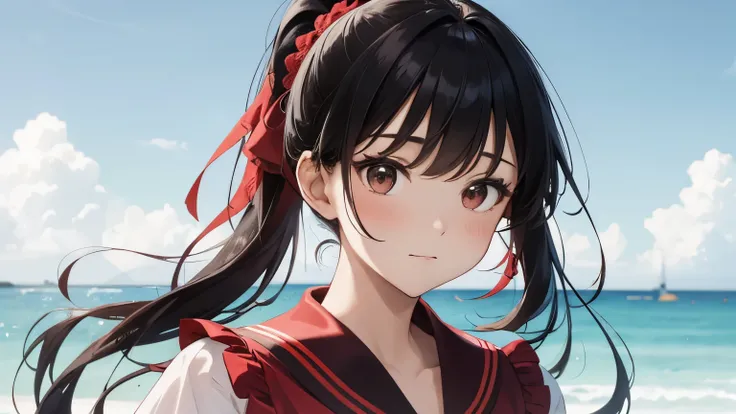 A beautiful woman wearing a red sailor suit with lots of frills and lace　Black hair ponytail with hair ornament　Upper Body