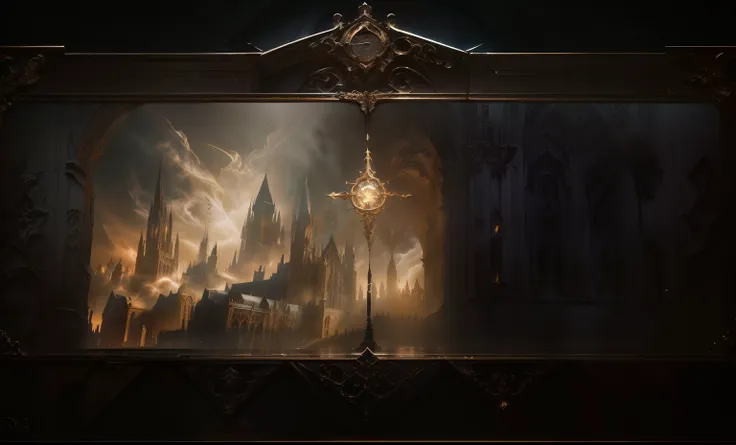 there is a large picture frame with a picture on it, cathedral background, ornate borders + concept art, grimoire page, alchemis...