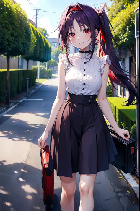 yuukikonno, Konno Yuuki, hair band, Long Hair, Pointed Ears, Purple Hair, (Red eyes:1.5), (Small breasts:1.2),Side Ponytail,smile,Grin,Purple sleeveless dress、Cute Sandals,Put your right hand on your hip,Push-type suitcase,Are standing,Daytime,whole bodyがイ...