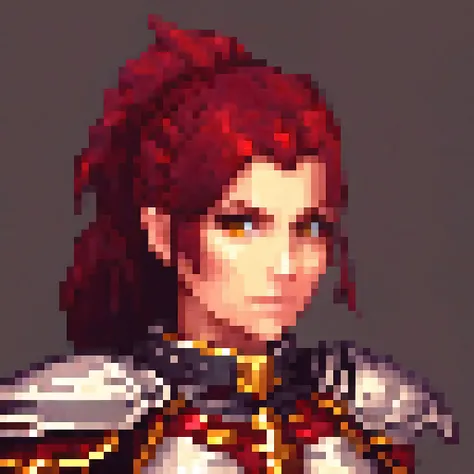 detailed portrait of a strong white woman, dark red hair, (upper body portrait), detailed face features, large arm muscles, knightly powers, holy red armor, fighter deamination look, battle-hardened warrior, intricate pixel art style, highly detailed, mast...