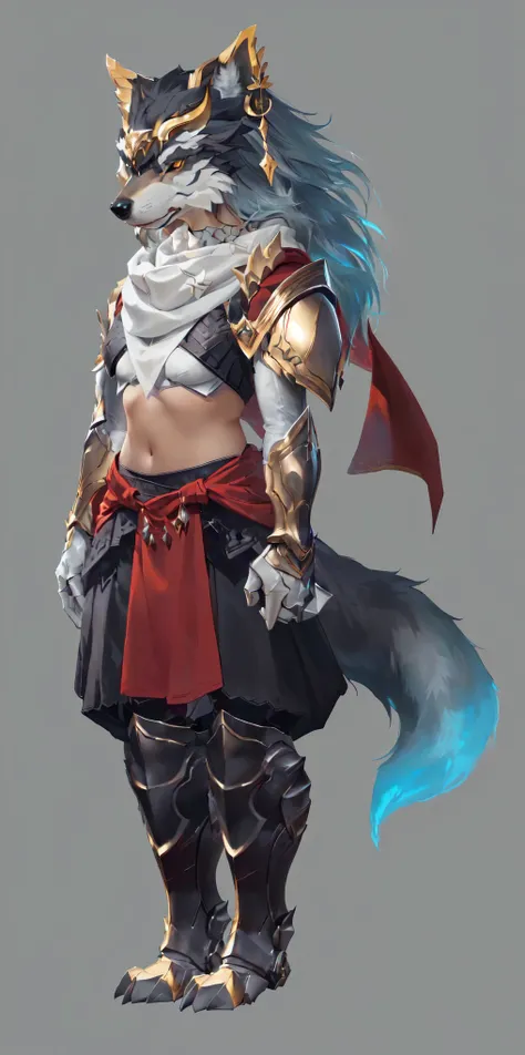 Close-up of man in wolf costume, Wolf-inspired armor, detailed Whole body concept art, detailed Whole body concept, Anthropomorphic wolf girl, Wearing a white scarf，Whole body concept, Wolf Armor, Minotaur Wolf, High resolution commissions, Female Warrior,...