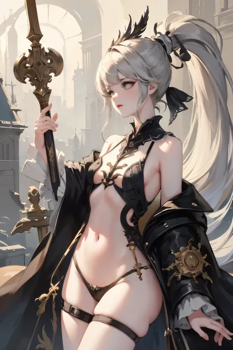  ((best quality)), ((masterpiece)), (detailed), 1girl, NSFW, small breasts, prominent collarbones, skinny arms, flat stomach, visible hip bones, long hair, ponytail, thick ponytail, heavy ponytail, red and white clothing, Bloodborne inspired, occult aesthe...