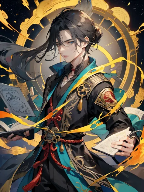 ((Official Art，masterpiece)):0.9，Clear focus，（（1 man））（1 man），Chinese style，There are patterns on the clothes，Oriental Fantasy，1 boy holding a book in his hand, Black long hair，Black suit，solo，（night,Starry Sky，Meteor Showers，Galaxy：1.2）Long gray hair, Blu...