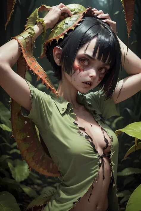 ((zombie cute lady is biting Venus flytraps, wearing tattered shirt and shirt, She is inside a giant Nepenthes, wrapped in plant tentacles, black bob hair, whole body)), (masterpiece, best quality, super detailed, beautiful details eyes, Clean and delicate...