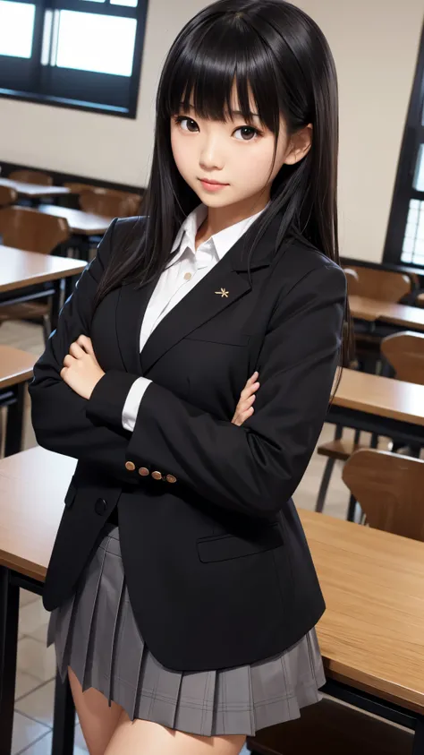 ((Tabletop)), (Detailed face), (highlight),　Asian Girl、Black Hair、Heavy bangs、high school girl、skirt、blazer、Support your chest with your arms、Gazing Eyes、