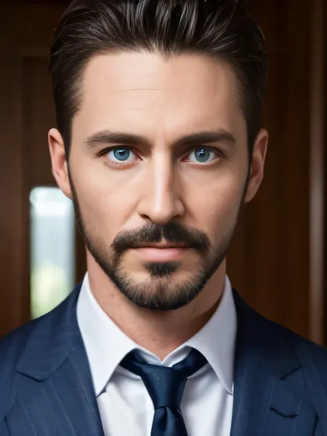 An evil handsome man, cunning, suits, facial hair, jerk face, blue eyes, 40 years old