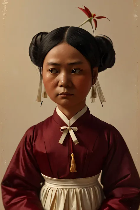 Tongkou, China, 1865. close-up of A young ((((42-year-old)) WhiteLily)), asian woman, sad doll face, ((((chinese clothings from the 1860s)))), ((hairstyle of the 1860s))