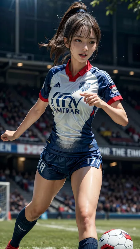 Highest quality, High resolution:1.2, Very detailed, Realistic:1.3, ((Beautiful woman))、((Super tight uniform))、((Big Breasts))、(The abdomen is visible)、(((Soccer uniforms)))、Vibrant colors, play soccer,(Blunt bangs)、((Various Hair Styles))、Different hair ...