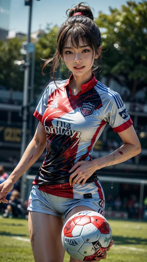 Highest quality, High resolution:1.2, Very detailed, Realistic:1.3, ((Beautiful woman))、((Super tight uniform))、((Big Breasts))、(The abdomen is visible)、(((Soccer uniforms)))、Vibrant colors, play soccer,(Blunt bangs)、((Various Hair Styles))、Different hair ...